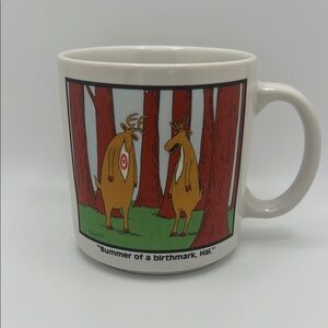 Vintage Far Side Mug Comic Deer Bummer Birthmark Humor Hunting Bullseye Larson